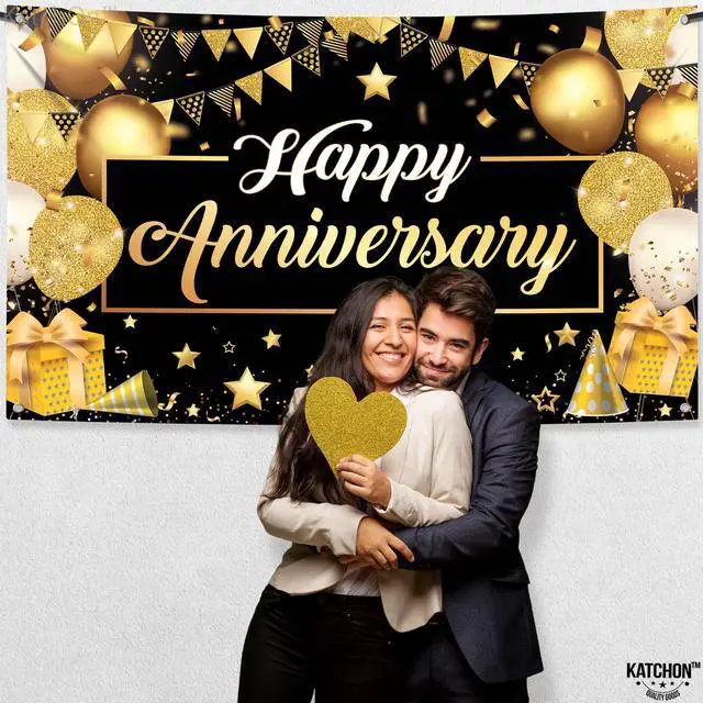 Alt view image 5 of 7 - Gold Happy Anniversary Banner - 72x44 Inch Anniversary Decorations