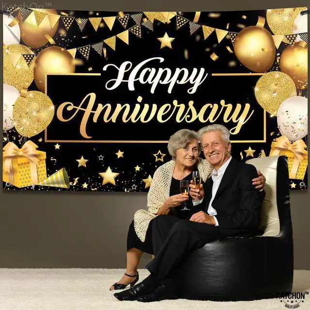 Alt view image 7 of 7 - Gold Happy Anniversary Banner - 72x44 Inch Anniversary Decorations