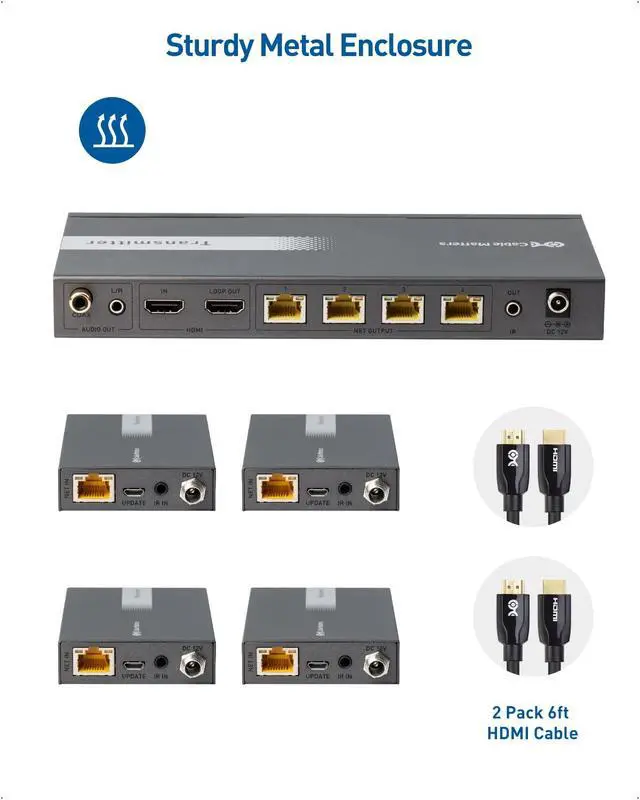 Alt view image 6 of 7 - 1x 4 4K HDMI Extender Splitter, HDMI Extender Over Ethernet | 4K@60Hz to 164ft / 4K@30Hz to 196ft, HDMI over Ethernet, Wall Mount, Local Monitor Loop-Out
