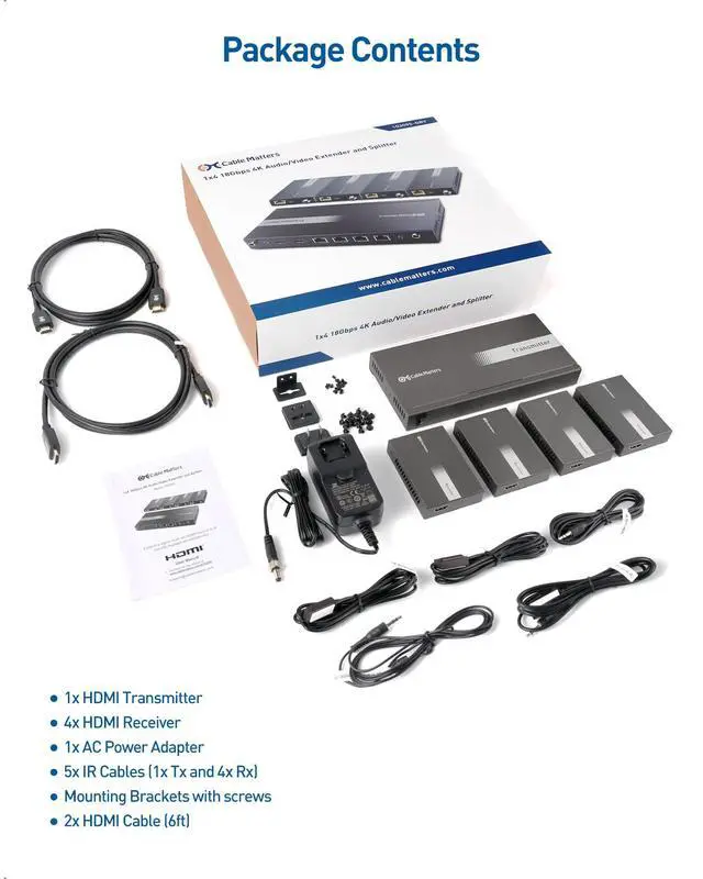Alt view image 7 of 7 - 1x 4 4K HDMI Extender Splitter, HDMI Extender Over Ethernet | 4K@60Hz to 164ft / 4K@30Hz to 196ft, HDMI over Ethernet, Wall Mount, Local Monitor Loop-Out