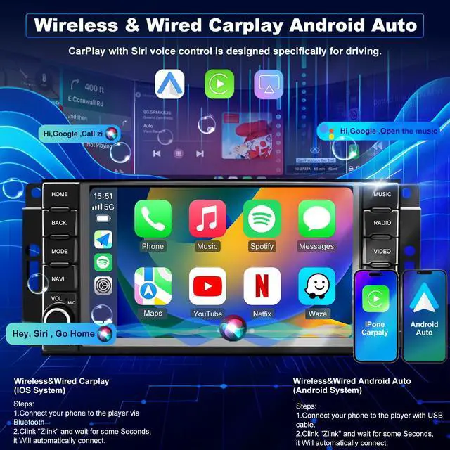 Alt view image 3 of 7 - 5GWiFi Radio for Dodge Challenger Avenger 2008-2014, Liberty Ram 1500/2500/3500 2009-2012, Charger 2008-2010, Town & Country 2008-2016, 7inch Car Stereo Touchscreen Carplay Android Auto GPS FM Camera