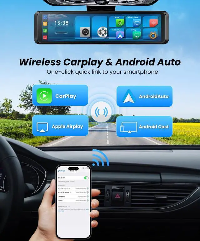 Alt view image 2 of 7 - 4K Rear View Mirror Camera with Carplay & Android Auto | 11.26" Smart Touch Screen Mirror Dash Cam Front and Rear with Voice Control, Parking Monitor, Reverse Assist for Car Truck