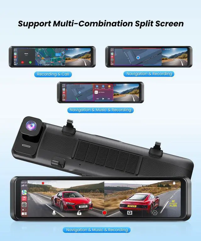 Alt view image 6 of 7 - 4K Rear View Mirror Camera with Carplay & Android Auto | 11.26" Smart Touch Screen Mirror Dash Cam Front and Rear with Voice Control, Parking Monitor, Reverse Assist for Car Truck
