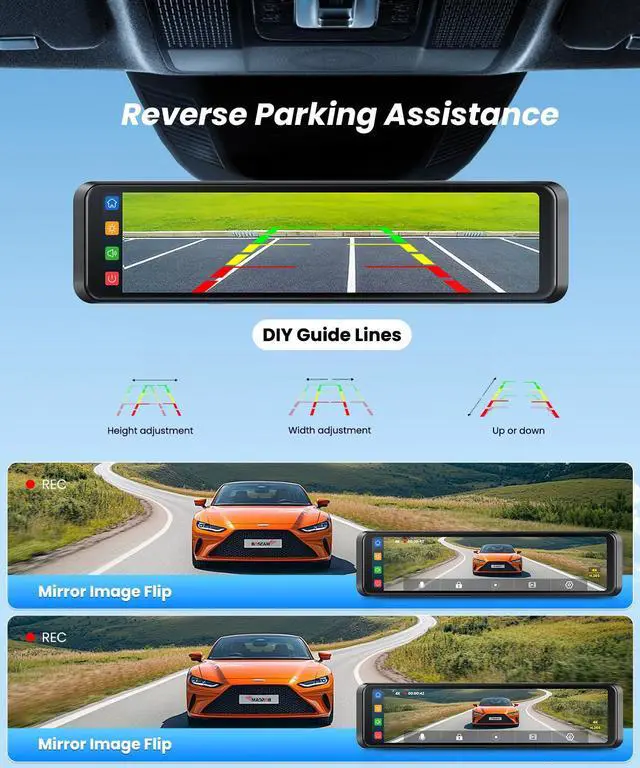 Alt view image 7 of 7 - 4K Rear View Mirror Camera with Carplay & Android Auto | 11.26" Smart Touch Screen Mirror Dash Cam Front and Rear with Voice Control, Parking Monitor, Reverse Assist for Car Truck