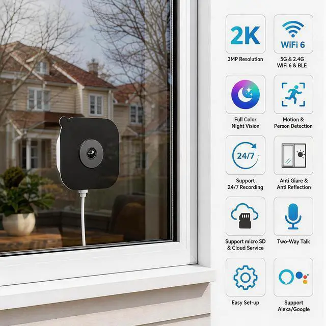 Alt view image 3 of 7 - (2 Pack) 2K 3MP Window Camera with Night Vision, 5GHz & 2.4GHz WiFi Indoor Camera for Home Security, Anti-Glare Design, Motion/Human Detection, Easy & Quick Setup, 24/7 Recording