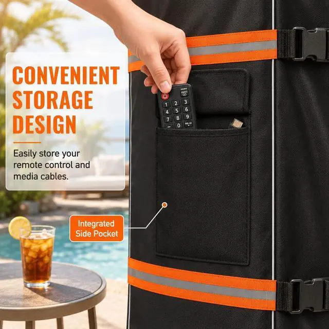 Alt view image 4 of 7 - Outdoor TV Trolley Cover for 70-75 Inch Screen, Heavy Duty 600D Waterproof Rolling TV Stand Cover, Weatherproof Mobile TV Cart on Wheels Protector with Remote Pocket, Black 70"x15"x57"
