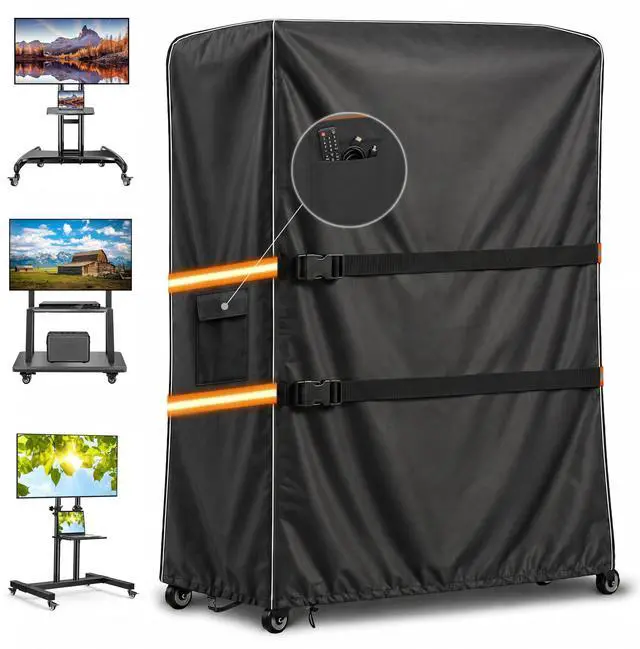 Main image of Outdoor TV Trolley Cover for 70-75 Inch Screen, Heavy Duty 600D Waterproof Rolling TV Stand Cover, Weatherproof Mobile TV Cart on Wheels Protector with Remote Pocket, Black 70"x15"x57"