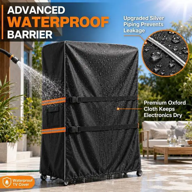 Alt view image 5 of 7 - Outdoor TV Trolley Cover for 70-75 Inch Screen, Heavy Duty 600D Waterproof Rolling TV Stand Cover, Weatherproof Mobile TV Cart on Wheels Protector with Remote Pocket, Black 70"x15"x57"