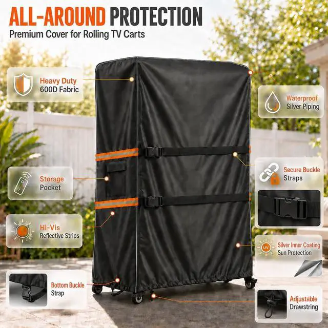 Alt view image 6 of 7 - Outdoor TV Trolley Cover for 70-75 Inch Screen, Heavy Duty 600D Waterproof Rolling TV Stand Cover, Weatherproof Mobile TV Cart on Wheels Protector with Remote Pocket, Black 70"x15"x57"