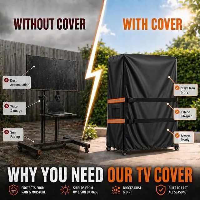 Alt view image 7 of 7 - Outdoor TV Trolley Cover for 70-75 Inch Screen, Heavy Duty 600D Waterproof Rolling TV Stand Cover, Weatherproof Mobile TV Cart on Wheels Protector with Remote Pocket, Black 70"x15"x57"