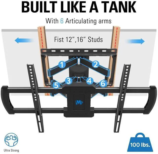 Alt view image 5 of 7 - TV Wall Mount for 42-84 Inch TVs, Full Motion Articulating Bracket with Swivel and Tilt, Max VESA 600x400mm, Up to 100lbs, Fits 16" Wood Studs MD2619