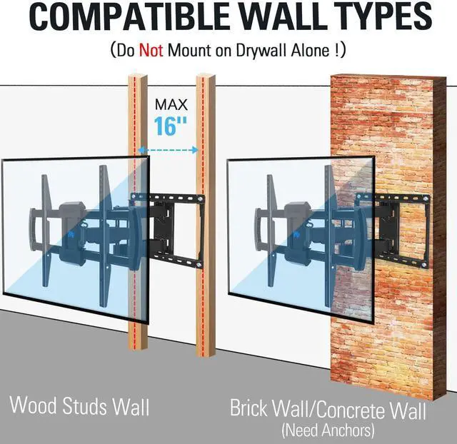 Alt view image 7 of 7 - TV Wall Mount for 42-84 Inch TVs, Full Motion Articulating Bracket with Swivel and Tilt, Max VESA 600x400mm, Up to 100lbs, Fits 16" Wood Studs MD2619