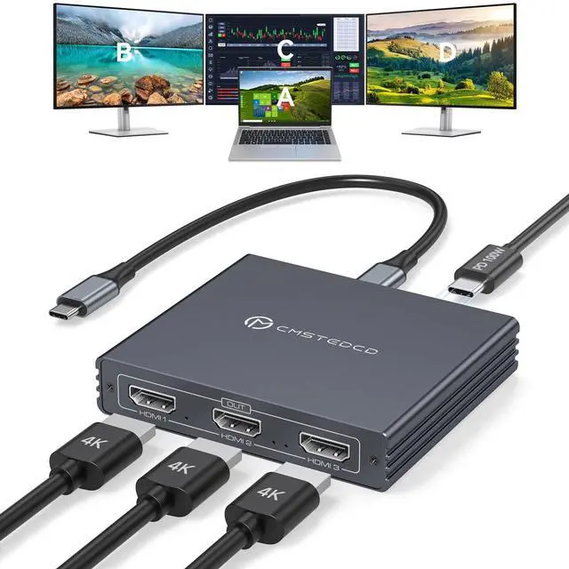 Main image of USB C to 3 HDMI Adapter 4K60Hz HDMI Splitter Extended Display 3 Monitors MST HUB USBC Splitter 1 in 3 Out with 100W PD Charging, Compatible with Laptop,PC,USB-C Graphics Card
