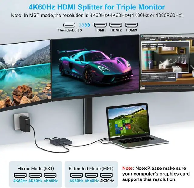 Alt view image 5 of 7 - USB C to 3 HDMI Adapter 4K60Hz HDMI Splitter Extended Display 3 Monitors MST HUB USBC Splitter 1 in 3 Out with 100W PD Charging, Compatible with Laptop,PC,USB-C Graphics Card