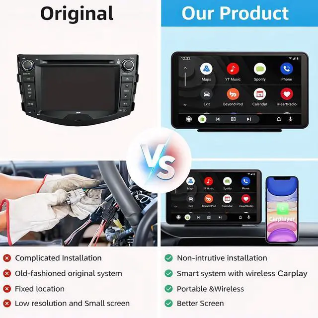 Alt view image 4 of 5 - Wireless Carplay Screen for Car,7" Portable Apple Carplay and Android auto, GPS Navigation, Mirror Link, Siri & Voice Control