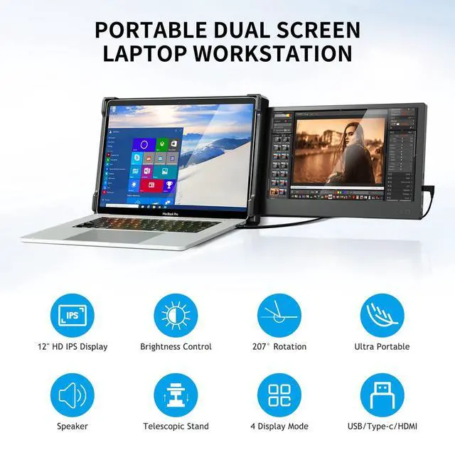 Alt view image 2 of 6 - Portable Monitor for Laptop Screen Extender Dual Monitor 12 Inch FHD 1080P IPS Display USB-A/Type-C/HDMI/Speakers for 13-16 Inch Computer Mac Windows Phone