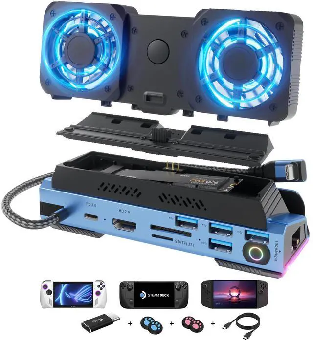 Main image of YCE 14-in-1 Steam Deck Dock for Switch, ROG Ally, Legion Go | Adjustable-speed dual fans and M.2 NVMe slot. 4K60, LAN, USB-A, PD, SD/TF. For OLED, Ally X, Switch 2, Go S