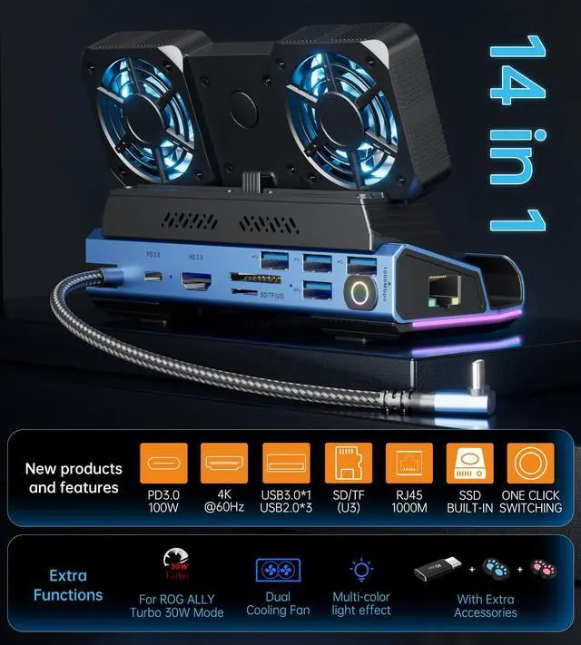 Alt view image 6 of 7 - YCE 14-in-1 Steam Deck Dock for Switch, ROG Ally, Legion Go | Adjustable-speed dual fans and M.2 NVMe slot. 4K60, LAN, USB-A, PD, SD/TF. For OLED, Ally X, Switch 2, Go S
