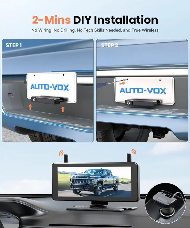 Alt view image 3 of 4 - AUTO·VOX 7.2" Solar Wireless Dual Backup Cameras with Suction Cup Mount, 1080P DVR Split Screen, Adjustable Windshield Mount, Front and Rear View, IP69K Waterproof for Truck RV Trailer SUV