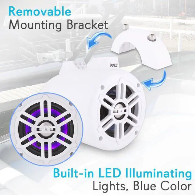 Alt view image 2 of 7 - Waterproof Marine Wakeboard Tower Speakers - 4in Dual Subwoofer Speaker Set w/LED Lights & Bluetooth for Wireless Music Streaming - Boat Audio System w/Mounting Clamps PLMRLEWB47WB (White)