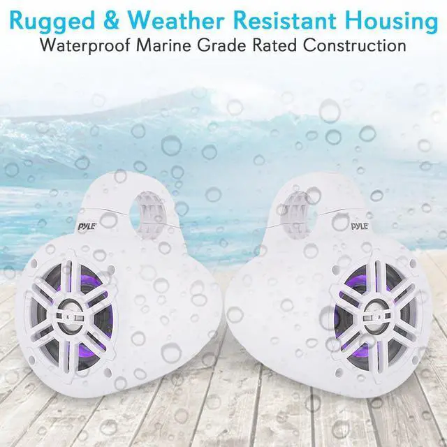 Alt view image 3 of 7 - Waterproof Marine Wakeboard Tower Speakers - 4in Dual Subwoofer Speaker Set w/LED Lights & Bluetooth for Wireless Music Streaming - Boat Audio System w/Mounting Clamps PLMRLEWB47WB (White)