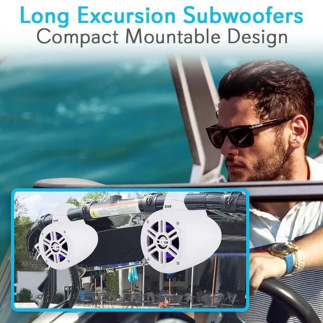 Alt view image 5 of 7 - Waterproof Marine Wakeboard Tower Speakers - 4in Dual Subwoofer Speaker Set w/LED Lights & Bluetooth for Wireless Music Streaming - Boat Audio System w/Mounting Clamps PLMRLEWB47WB (White)
