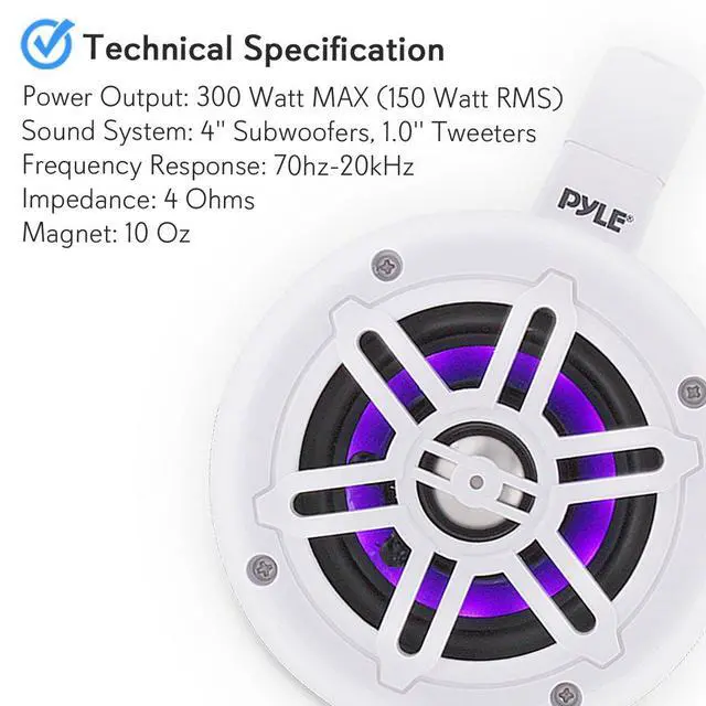 Alt view image 6 of 7 - Waterproof Marine Wakeboard Tower Speakers - 4in Dual Subwoofer Speaker Set w/LED Lights & Bluetooth for Wireless Music Streaming - Boat Audio System w/Mounting Clamps PLMRLEWB47WB (White)