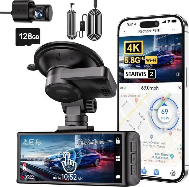 Main image of F7N Touch & OBD Hardwire Kit, 4K Dash Cam Front and Rear, STARVIS 2 Sensor, Touch Screen 3.18", 128GB Card Included, Voice Control, 5.8GHz WiFi Car Dash Camera, GPS, Night Vision