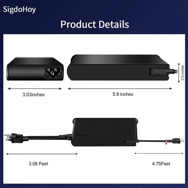Alt view image 4 of 6 - 170W Charger Compatible with Lenovo LOQ/Legion Slim 5 5i/Yoga Pro 9i/ThinkPad P1 P16 P16v/IdeaPad Pro 5 5i Power Adapter
