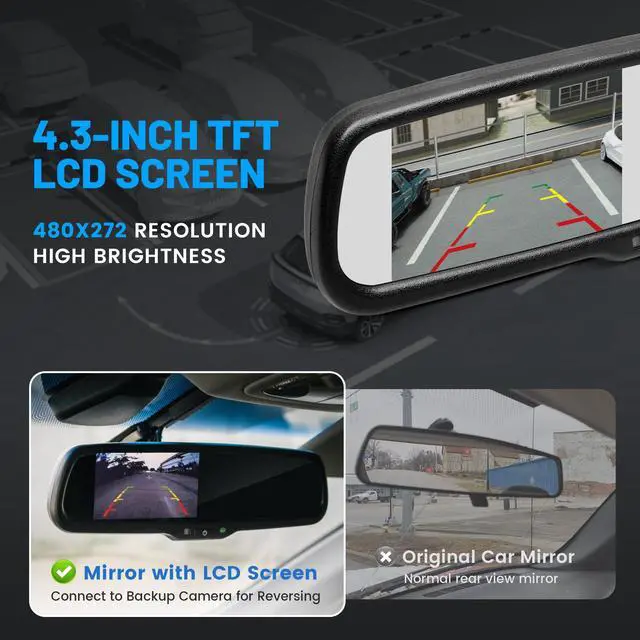 Alt view image 2 of 7 - 4.3" LCD Rearview Mirror Screen OEM Look for Ford F150/250/350 2004-2015, Toyota Tacoma Corolla 2008-2014, Jeep Wrangler 2007-2018 Rear View Mirror Monitor Display with RCA for Backup Camera
