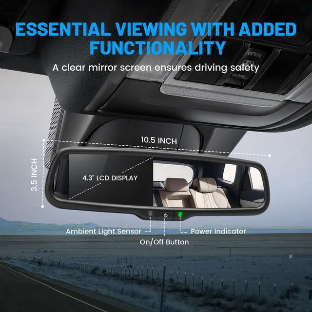 Alt view image 5 of 7 - 4.3" LCD Rearview Mirror Screen OEM Look for Ford F150/250/350 2004-2015, Toyota Tacoma Corolla 2008-2014, Jeep Wrangler 2007-2018 Rear View Mirror Monitor Display with RCA for Backup Camera