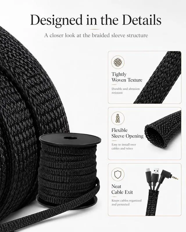 Alt view image 5 of 6 - 300 Feet - 1/4,1/2,3/8 Inch Braided Wire Loom PET Cable Loom Expandable Braided Sleeving Wire Sleeve for AutomotiveTV, Computer, Home Theater, Black