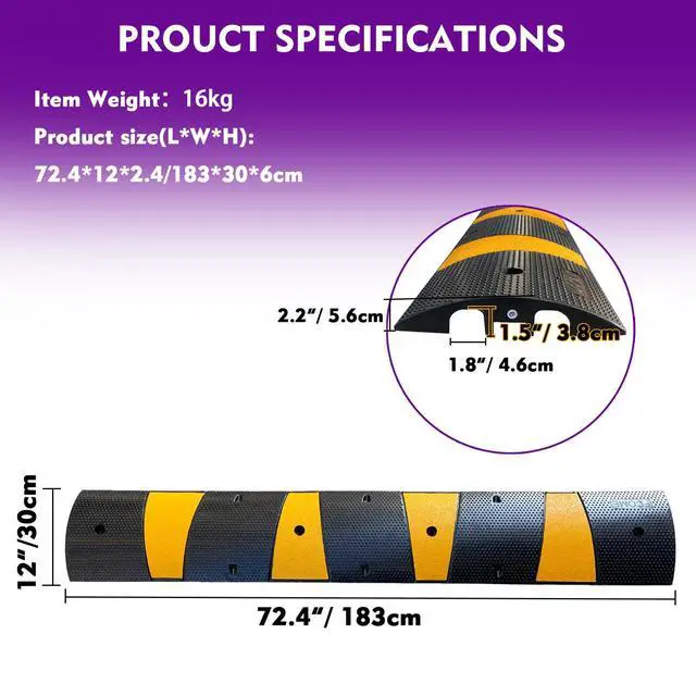 Alt view image 4 of 7 - Rubber Speed Bump 6 Feet Rubber Driveway Modular Heavy Duty Speed 72.4 x 12 x 2.4 Inch Cable Protector Ramp for Garage Gravel Roads Asphalt Concrete, 6Ft-Speed Bump (2 Pack 6ft Speed Hump)