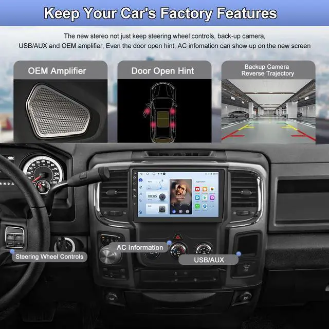 Alt view image 3 of 7 - Car Radio for Dodge Ram 1500 2500 3500 2013-2019 CarPlay | 4GB RAM 64GB ROM Android Auto GPS DSP RDS,Upgrade BT 5.0 WiFi 5G and 9" HD IPS Display Rearview AM/FM Radio Manual AC Only