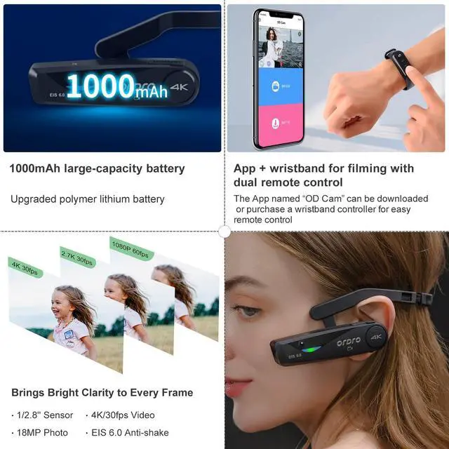Alt view image 5 of 7 - EP6 Plus Head Mounted Camera 4K Video Camcorder, Wearable Video Camera UHD 1080P 60FPS Hands-Free Vlog Camera with WiFi APP Control, EIS 6.0 Anti-Shake, Smart Remote