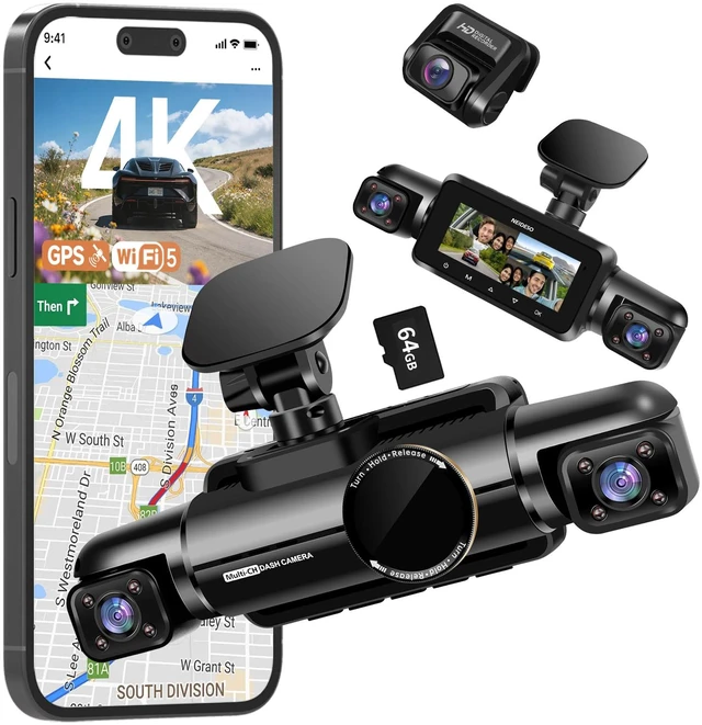 Main image of 4 Channel Dash Cam Front and Rear, 3K+3*1080P Dash Camera for Cars, Free 64GB Card, 360° Car Video Recorder, 5GHz WiFi GPS, Voice Control, CPL Filter, WDR Night Vision, 24H Parking Mode(N700)