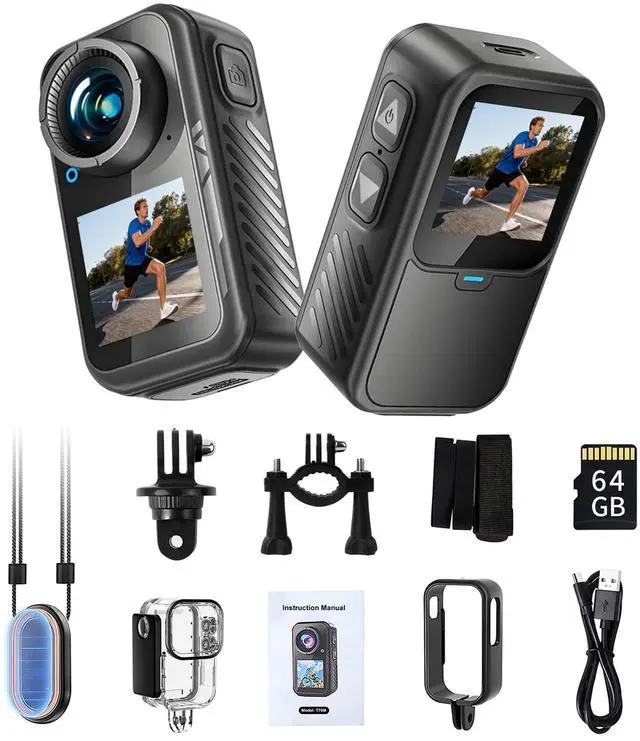 Main image of 4K Mini Action Camera, EIS Stabilization, 130° Wide Angle, Dual Touchscreen, Pre-Record, Waterproof for Vlogging, Outdoor Adventures(Black, 128, GB)