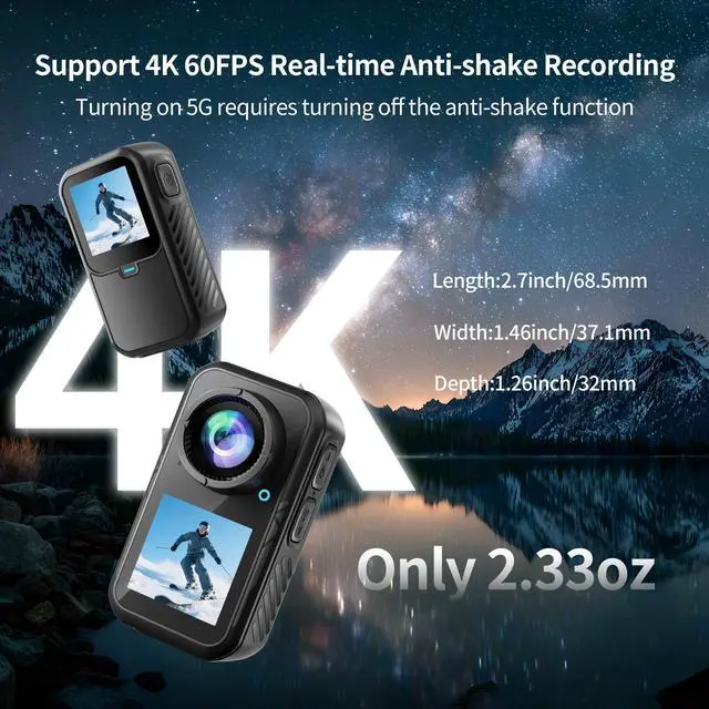 Alt view image 6 of 7 - 4K Mini Action Camera, EIS Stabilization, 130° Wide Angle, Dual Touchscreen, Pre-Record, Waterproof for Vlogging, Outdoor Adventures(Black, 128, GB)