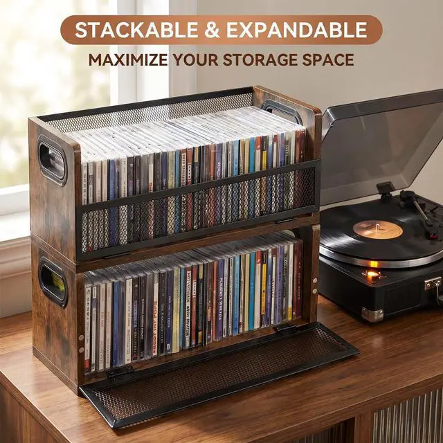 Alt view image 7 of 7 - CD Storage Rack with Magnetic Door - 2 Pack | Holds 76 Full-case CDs, Multi-tier Desktop/Closet Display, for Video Games/Papers/Cards