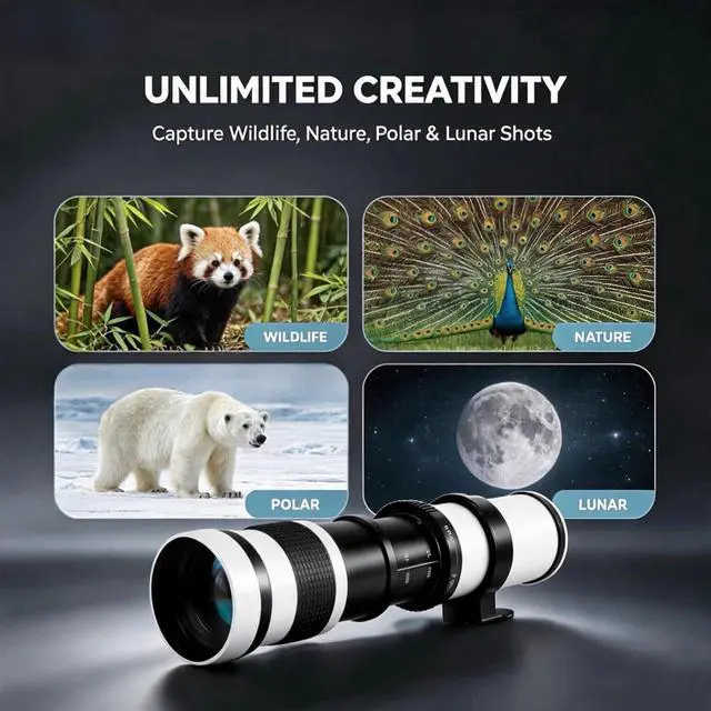 Alt view image 2 of 6 - 420-800mm f/8.3 Telephoto Zoom Lens EF/EF-S Mount + T2 Adapter for Canon EOS Rebel T7i/T7/T8i/T6i/T5/T3i/T2i/XSi/SL3/SL2 4000D 2000D 90D/80D/77D