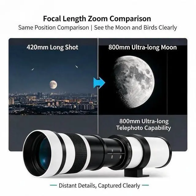 Alt view image 4 of 6 - 420-800mm f/8.3 Telephoto Zoom Lens EF/EF-S Mount + T2 Adapter for Canon EOS Rebel T7i/T7/T8i/T6i/T5/T3i/T2i/XSi/SL3/SL2 4000D 2000D 90D/80D/77D