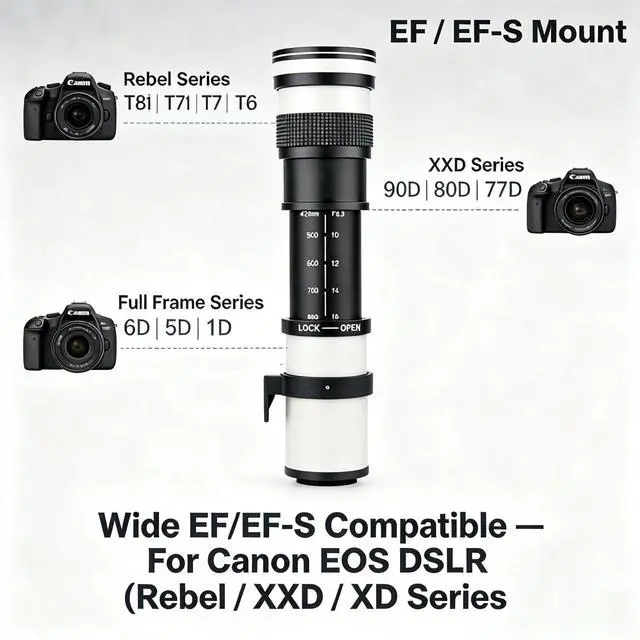 Alt view image 6 of 6 - 420-800mm f/8.3 Telephoto Zoom Lens EF/EF-S Mount + T2 Adapter for Canon EOS Rebel T7i/T7/T8i/T6i/T5/T3i/T2i/XSi/SL3/SL2 4000D 2000D 90D/80D/77D