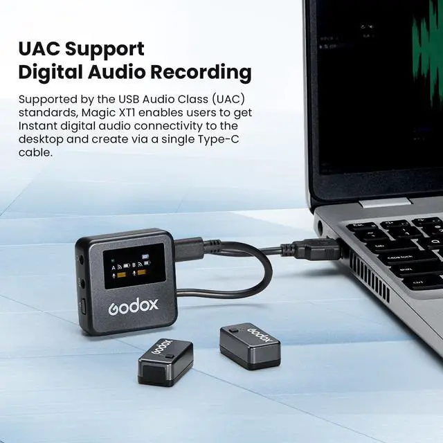 Alt view image 5 of 6 - Magic XT1 Wireless Lavalier Microphone System | 48kHz 24-bit audio, touchscreen, noise reduction, 200m transmission, 16hr runtime, mono/stereo mode, with charging case