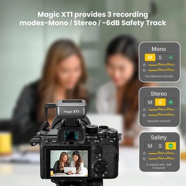 Alt view image 6 of 6 - Magic XT1 Wireless Lavalier Microphone System | 48kHz 24-bit audio, touchscreen, noise reduction, 200m transmission, 16hr runtime, mono/stereo mode, with charging case