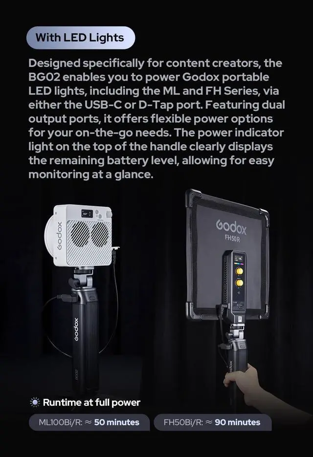 Alt view image 4 of 6 - BG02 Battery Grip, 14.4V 6600mAh 95.04Wh Handgrip for AD200 AD200Pro II AD300Pro II Camera Flash, for ML100BI,ML60BI ML100R LED Light, with D-Tap and USB-C Cable for Flash and LED Light