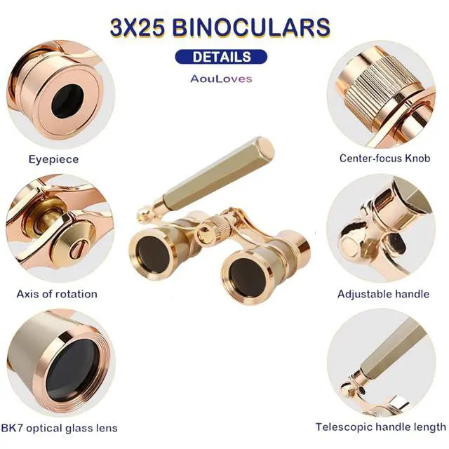 Alt view image 5 of 6 - Opera Glasses, 3x25 Theatre Binoculars with Adjustable Handle | Vintage-style metal binoculars with a refined finish. Adjustable handle for comfortable viewing. Great for concerts, musicals