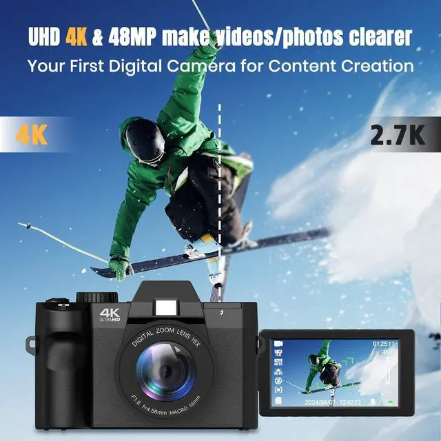 Alt view image 2 of 6 - Digital Camera for Photography, Camara Fotografica Video Auto Focus 48 MP with WiFi Auto-Focus Vlog Camera for YouTube with Flip Screen 16X Zoom with 32GB Micro SD Card Card Reader