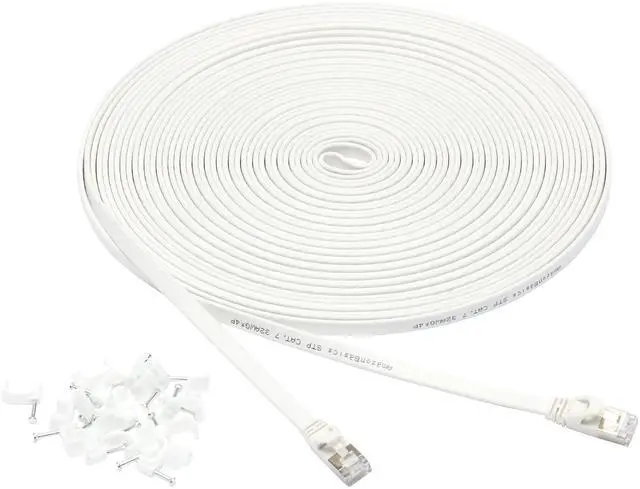 Main image of RJ45 Cat 7 Ethernet Patch Cable, Flat, 600MHz, Snagless, Gold Plated, LAN Network, Includes 20 Nails, 50 Foot, White