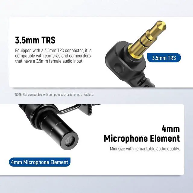 Alt view image 4 of 6 - LM8 ø4mm Mini Lavalier Microphone (2 Pack), Clip On Wired Condenser | Lapel Lav Mic Set, with 5ft/1.5m 3.5mm TRS Connector, Compatible with DJI Mic 2 Rode Wireless Go II CM28 CM31, and Camera