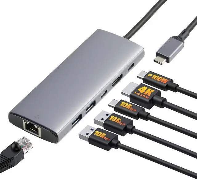 Main image of 6-in-1 USB-C 3.2 (10G) Hub, Multiport Adapter with 100W Power Delivery, 4K HDMI, Ethernet, 2 USB-A, 1 USB-C, Light Grey, 4.70 x 1.81 x 0.59 inches